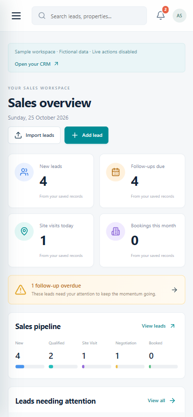 Real Estate CRM mobile sample dashboard.